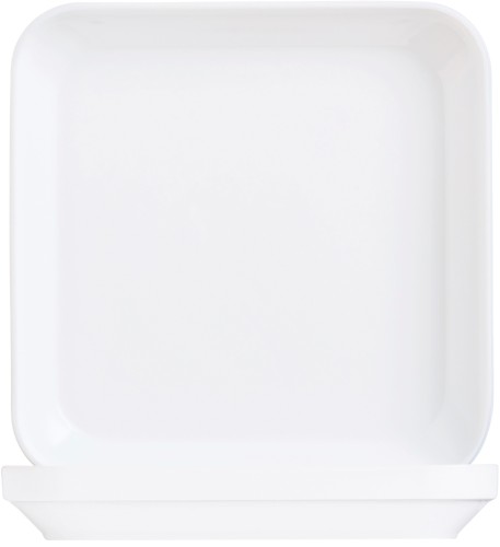 Teller RESTAURANT, quadratisch, 20x20 cm, hochgezogener Rand 3 cm ("halbtief"). Aus weißem Opalglas, gehärtet. Von Arcoroc.