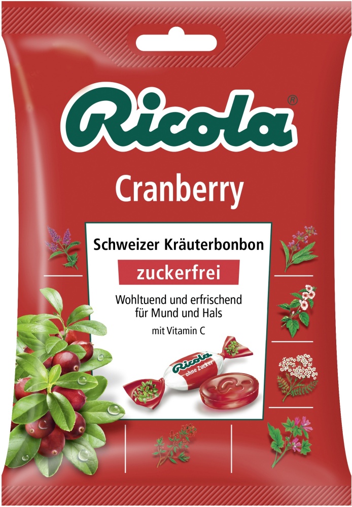 Ricola Cranberry ohne Zucker Kräuterbonbon 75G