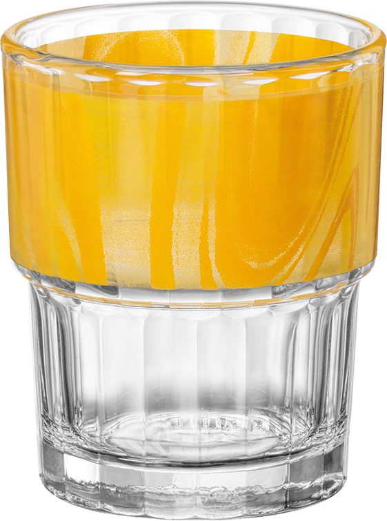 Stapelglas NATURA Lyon Optique mit gelbem Muster. 0,2 Liter, aus gehärtetem Glas. Von Bormioli Rocco.