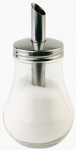 Zuckerdosierer Ø 8 cm, H: 15 cm, 250 ml Behälter aus Glas Schraubdeckel aus Edelstahl mit Dosierrohr spülmaschinengeeignet
