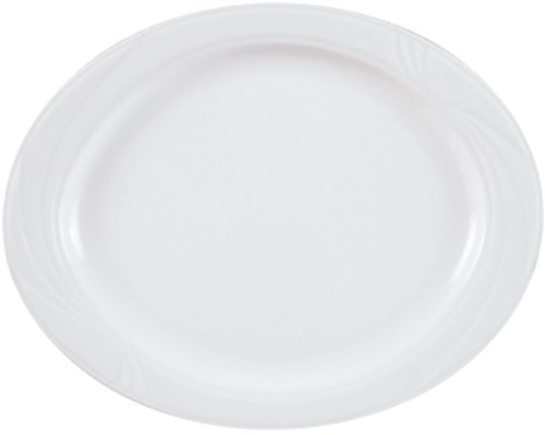 Arcadia Platte oval flach, 33cm, aus weißem Porzellan, von caterado. Made in Europe.