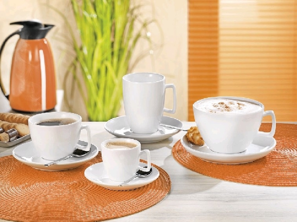 Milchkaffee-Tasse, Inhalt: 0,4 ltr., mit Untertasse, Form CREMA, UNI WEISS, Henkelform eckig, Höhe: 8,0 cm