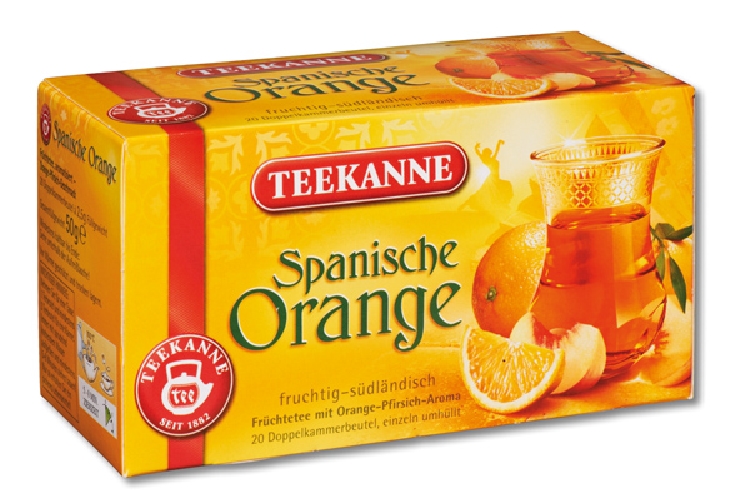 Teekanne SPANISCHE ORANGE Inhalt: 20 Teebeutel à 1,8 g, einzeln kuvertiert, Früchtetee mit Orange-Pfirsich-Aroma.