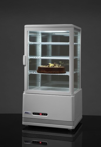 Aufsatz Kühlvitrine 98 Liter. Gehäuse aus beschichtetem Edelstahl, Doppelverglasung. Mit selbstschließender Tür. Zwangsluftkühlung