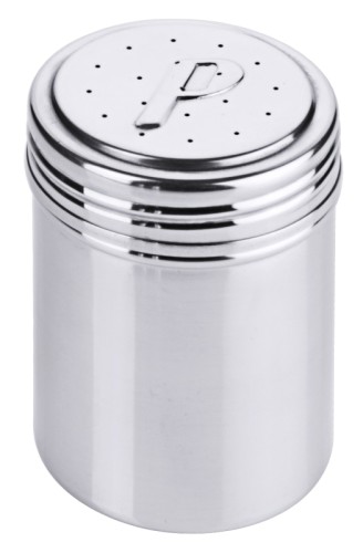 Salz-/Pfefferstreuer (hier: Pfefferstreuer mit 1 mm Lochung) aus Edelstahl, mit Schraubkappe, hochglänzend, schwere Qualität