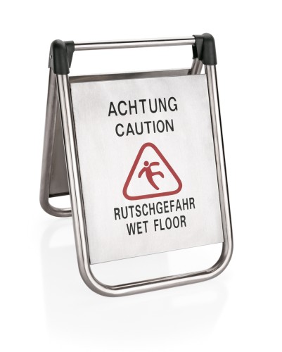 Aufsteller. Edelstahl. beidseitig beschriftet: Achtung Rutschgefahr - Caution Wet Floor.