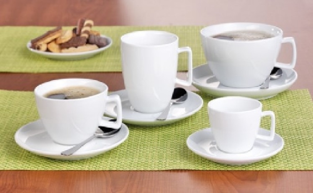 Café Grande-/Macchiato-Tasse, Inhalt: 0,25 ltr, mit Untertasse, Form CREMA, UNI WEISS, Henkelform eckig, Höhe: 10,0 cm