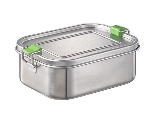 Lunchbox M mit hygienischer Edelstahloberfläche, Silikondichtung und Trennsteg. Maß: 18,5 x 13,5 x 6,5 cm mit 0,8 l Kapazität.