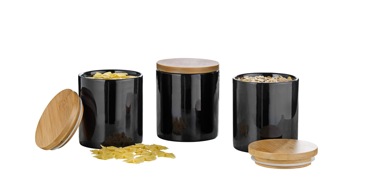3-teiliges Vorratsdosen-Set GRENOBLE, klein, Farbe: schwarz, Durchm. x Höhe: ca. 10 x 12 cm, Porzellan mit Bambusdeckel incl. Silikondichtung.