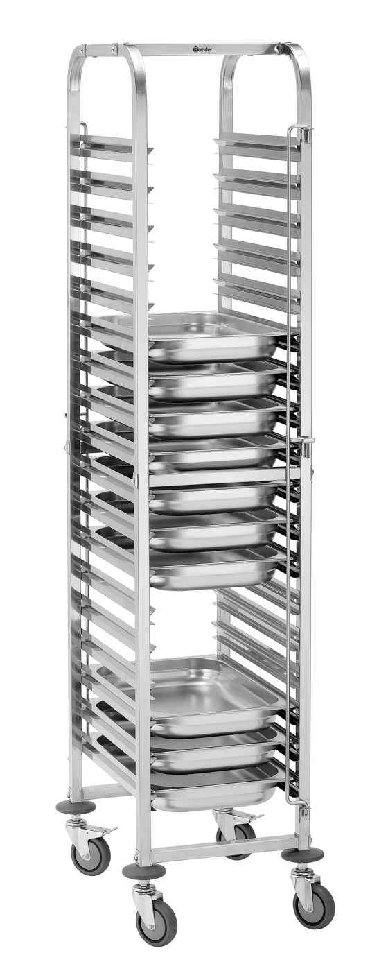 Bartscher Gastronormwagen AGN1800-1/1 | Je eine Behältersicherung an Vorder- und Rückseite | Maße: 45 x 61,3 x 1895 cm. Gewicht: 20,2 kg