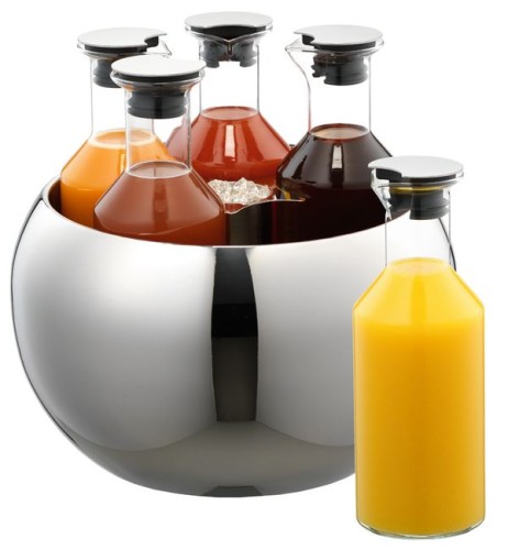 CARAFINE Getränke-Set Quintet 5 x 1,2 Liter, Doppelwandige Edelstahlkugel mit Crasheisröhre aus Edelstahl, Glaskaraffe inkl. Edelstahldeckel