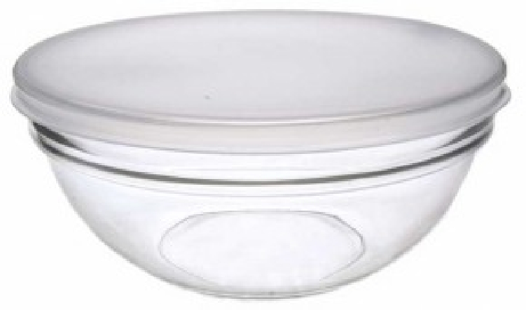 Glasschale EMPILABLE, Inhalt: 1,8 Liter, Durchmesser: 200 mm, Höhe: 93 mm, stabelbar, mit Plastikdeckel.