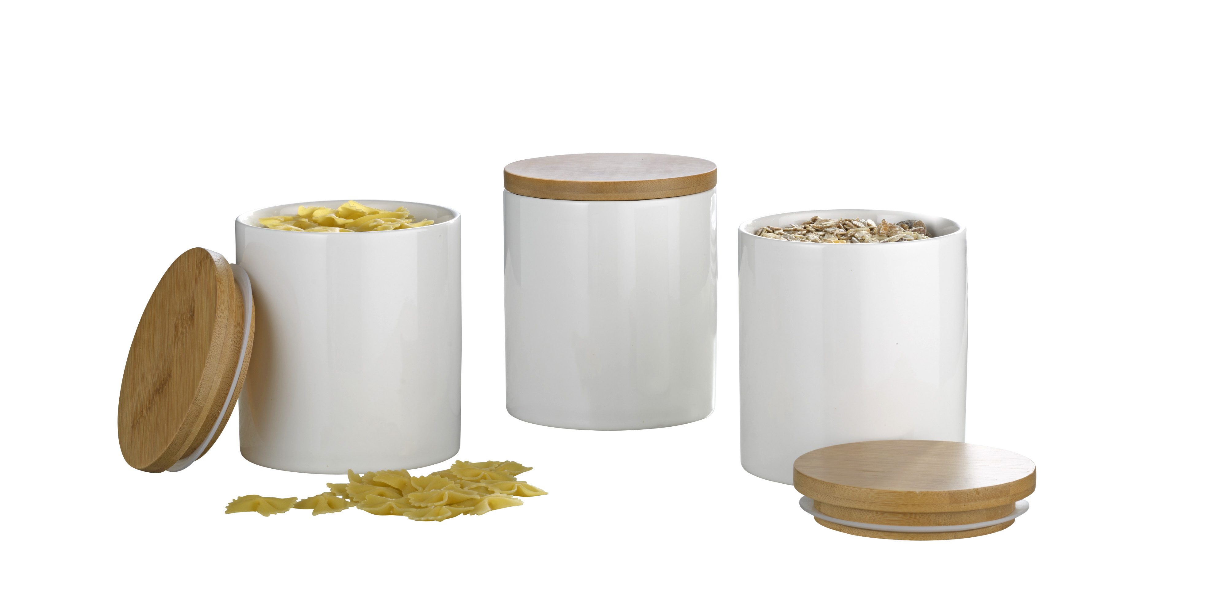 3-teiliges Vorratsdosen-Set GRENOBLE, mittel, Farbe: weiß, Durchm. x Höhe: ca. 11 x 13 cm, Porzellan mit Bambusdeckel incl. Silikondichtung.