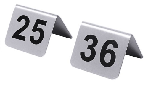 Tischnummernschild mit Nummern 25 bis 36 mit Ziffern aus schwarzem Siebdruck, aus Edelstahl 18/10, seidenmatt poliert,