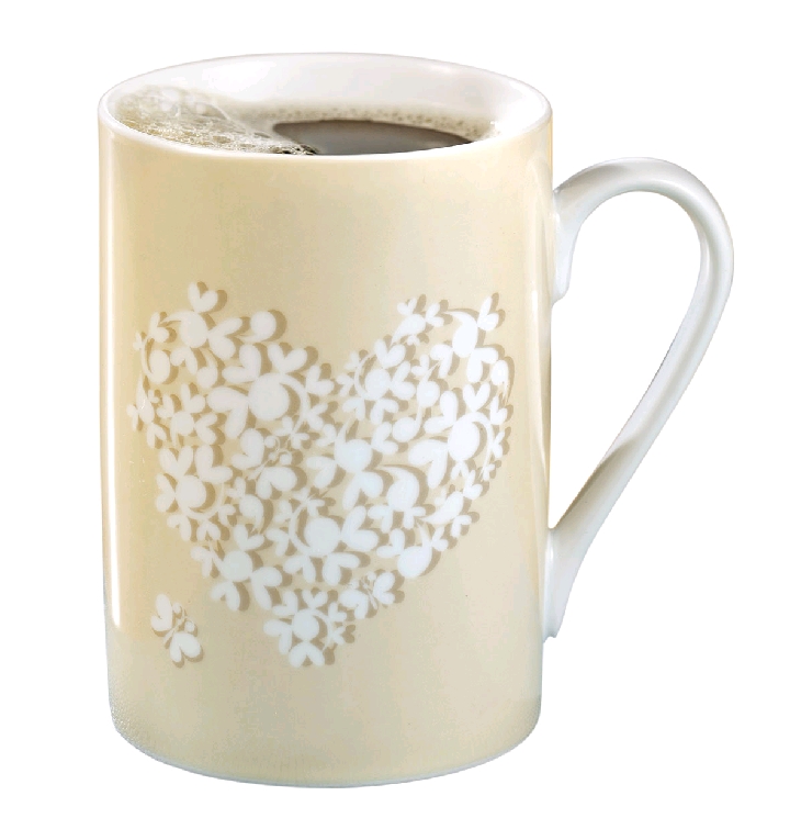 Kaffeebecher "FINE", Inhalt: 0,28 ltr., dünnwandiger, feiner Henkelbecher aus weißem Porzellan, mit beigefarbenem Druck, Motiv Herz