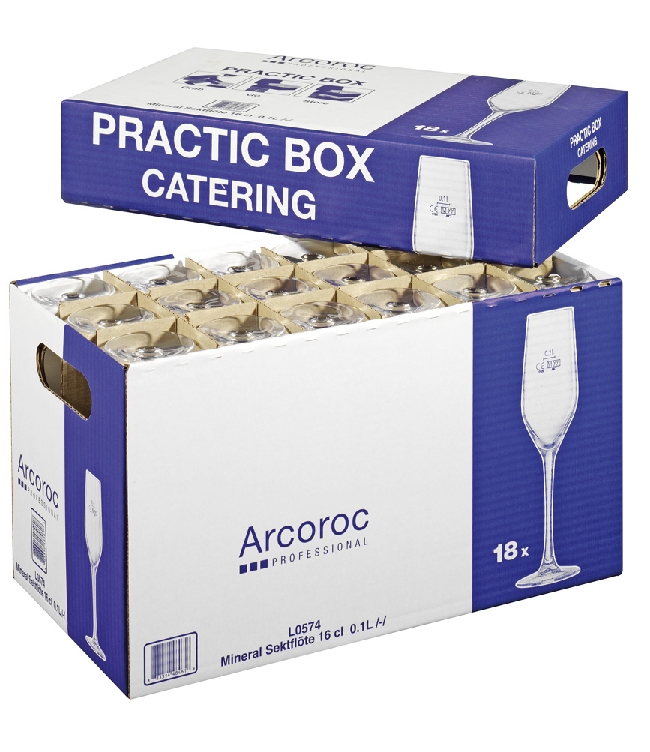 18er Cateringbox Sektglas Arcoroc MINERAL, Inhalt: 0,16 Liter, Füllstrich bei 0,1 l, Höhe: 224 mm, Durchmesser: 55 mm