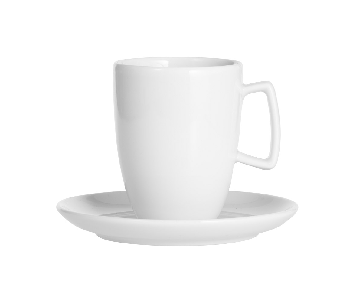 Café Grande-/Macchiato-Tasse, Inhalt: 0,25 ltr, mit Untertasse, Form CREMA, UNI WEISS, Henkelform eckig, Höhe: 10,0 cm