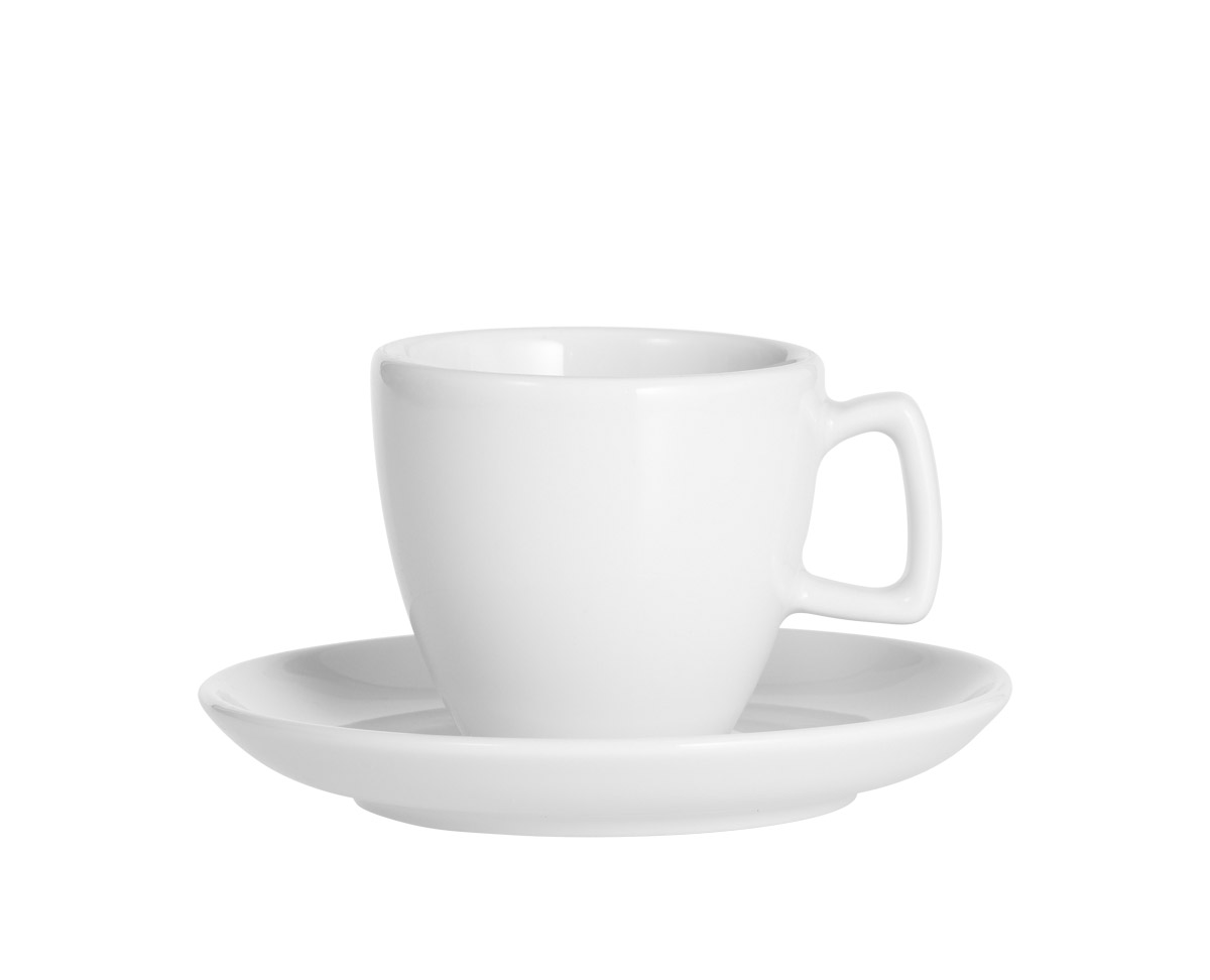 Espresso-Tasse, Inhalt: 0,10 ltr., mit Untertasse, Form CREMA, UNI WEISS, Henkelform eckig, Höhe: 5,5 cm