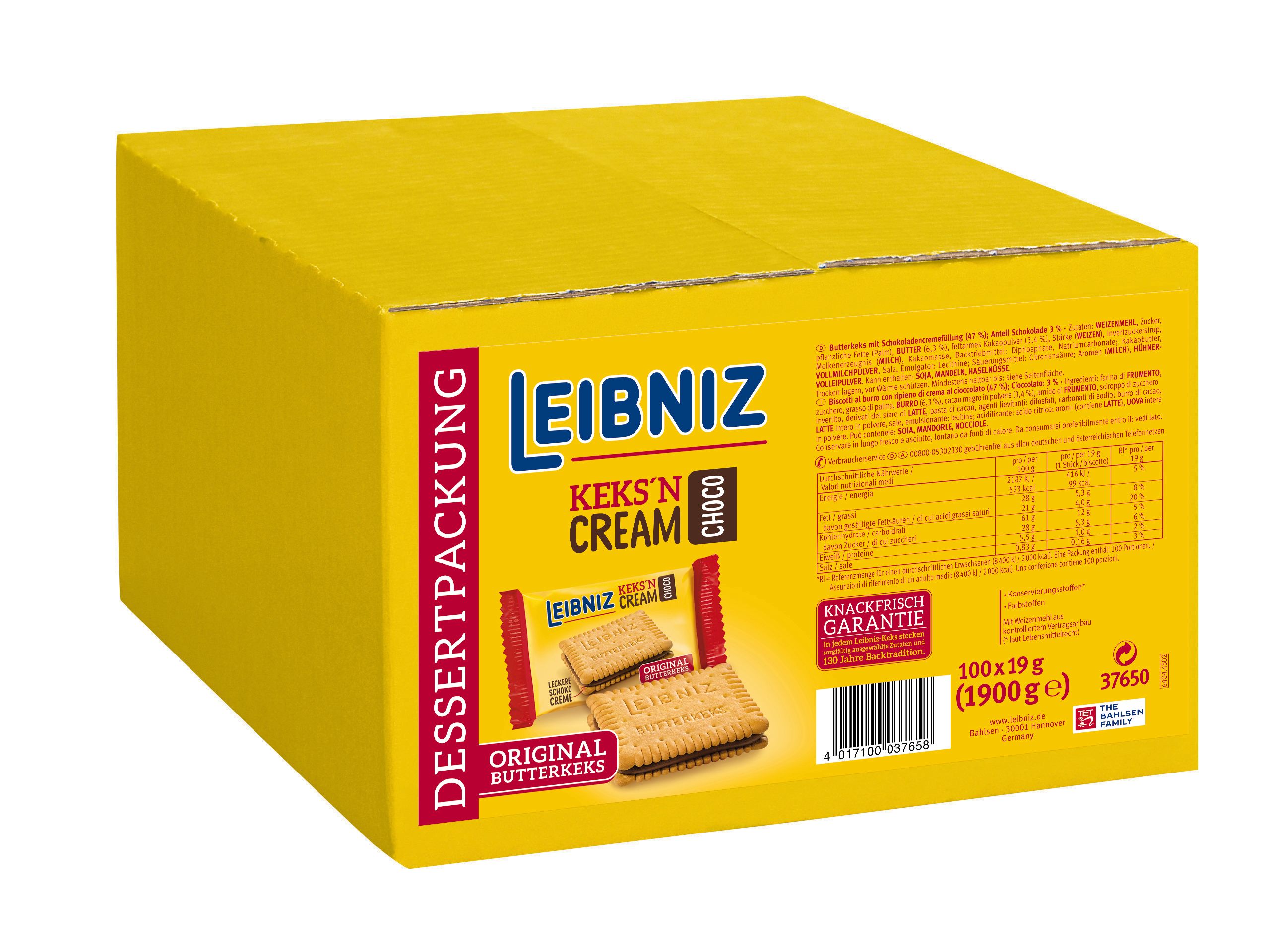 BAHLSEN LEIBNIZ Keks'n Cream 1er Karton Inhalt: 100 Einzelriegel à 19g Hygienisch einzeln verpackt