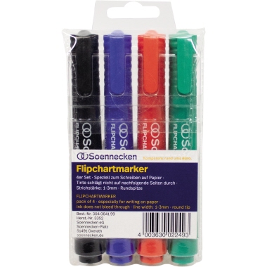 Soennecken Flipchartmarker 1-3mm rot, blau, grün, schwarz 4 St./Pack., Strichstärke: 1-3 mm, Rundspitze, Tinte, Kappe