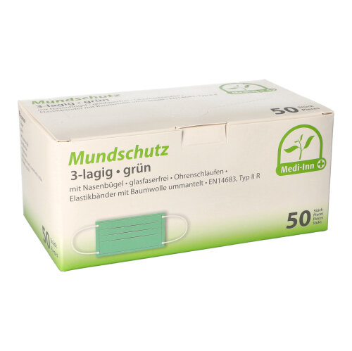 50 "Medi-Inn®" Mundschutz Type IIR 3-lagig 9 cm x 17,5 cm grün mit Nasenbügel und Elastikbänder von Medi-Inn®
