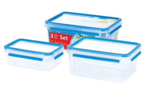 Emsa CLIP & CLOSE Frischhaltedosen-Set 3-teilig aus Kunststoff (1,00 + 2,20 + 3,70 Liter) blau - 100 % dicht - Made in Germany
