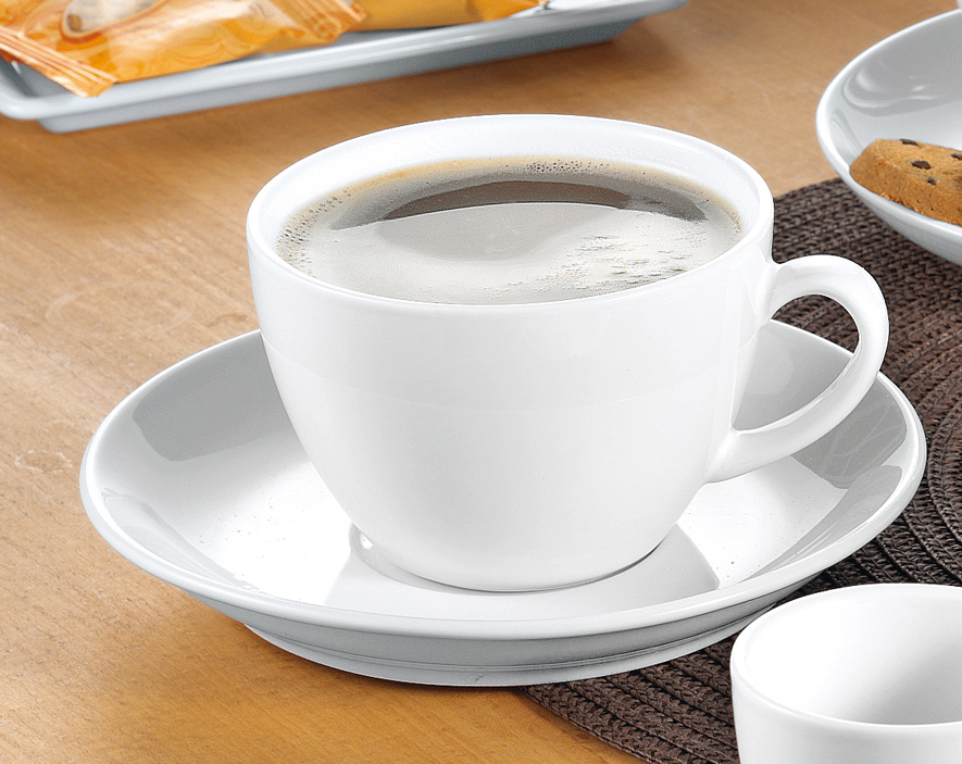 Cappuccino-Tasse BISTRO, Inhalt 0,30 ltr., mit Untertasse, Porzellan, UNI WEISS, Henkelform rund, Höhe: 7,2 cm.