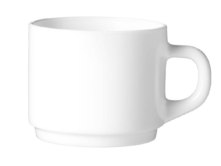 Kaffeetasse zum Geschirr EVERYDAY, aus Hartglas, weiß. Volumen 0,22 l, Höhe 6,5 cm, stapelbar.