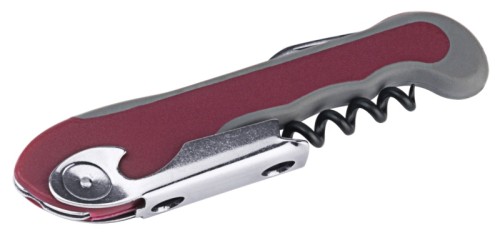 Kellnermesser mit rot-grauem Anti-Rutschgriff, Arbeitsteil aus massivem Edelstahl 18/0, mit Korkenzieher, Messer und