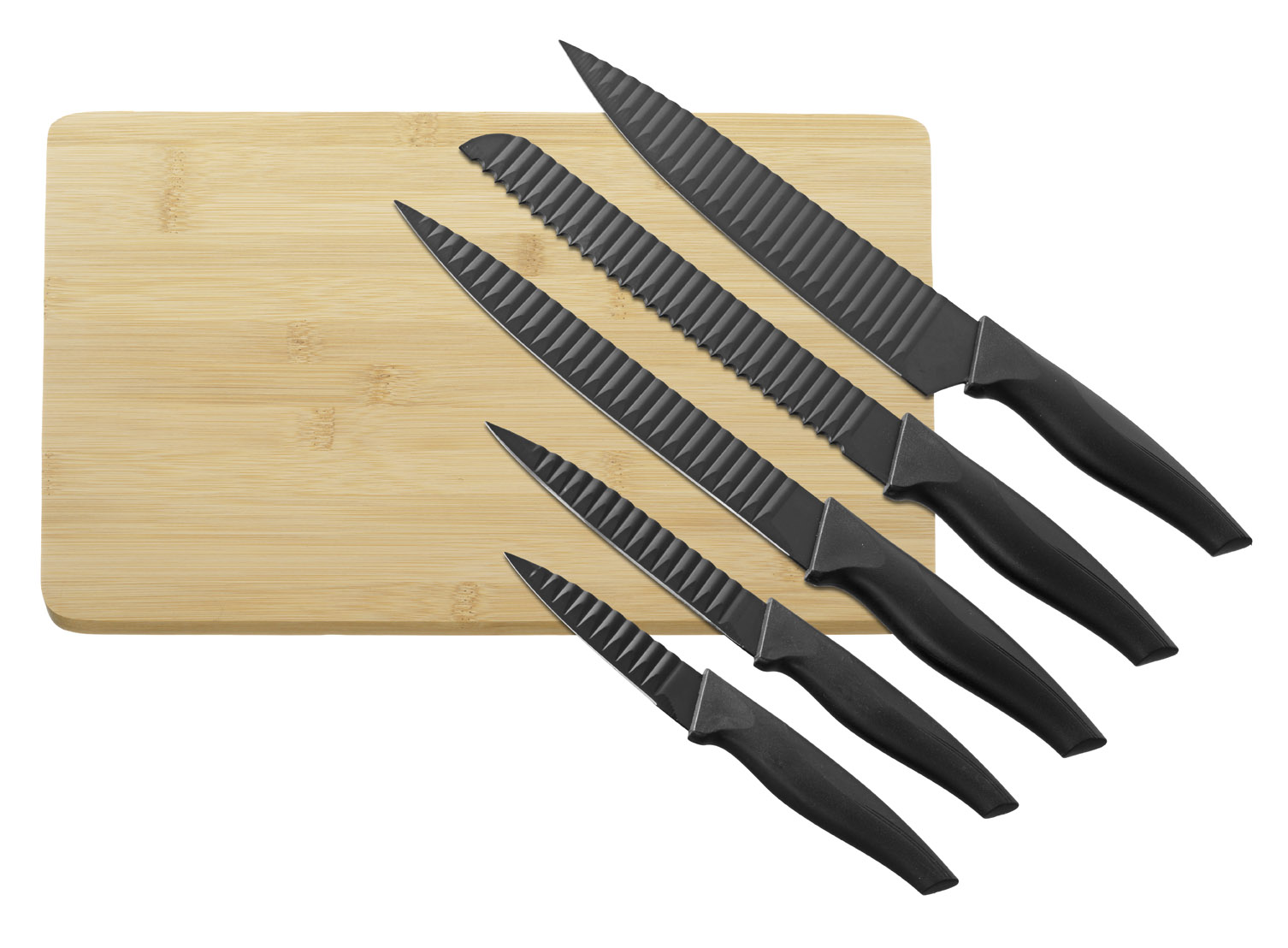 5-teiliges Messer-Set ORBIT mit Schneidbrett aus Bambus. Edelstahl-Klingen mit "Lufttaschen" gegen Anhaften, Maße Brett 31x23x1cm.