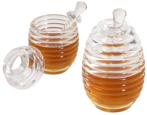 Honigtopf mit Dosierstab und Deckel, aus Acryl in Bienenstockgestalt, nicht spülmaschinengeeignet Volumen: 0,2 l, Durchmesser