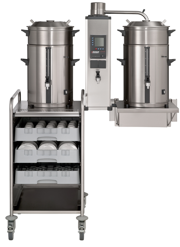 BONAMAT Filerkaffeemaschine B 10 HW W, Kaffee- und Teebrühmaschinen 2 x 10 ltr. integriertes Heißwassergrät, zur Verwendung mit Servierwagen