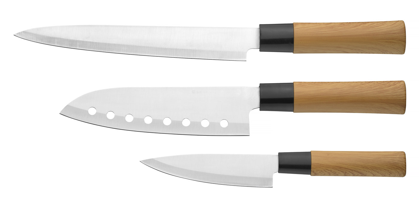 3-teiliges Messerset VESTA im asiatischen Stil. Bestehend aus je einem Kochmesser - Länge 30cm, Tranchiermesser 32,5cm und Allzweckmesser 23,5 cm