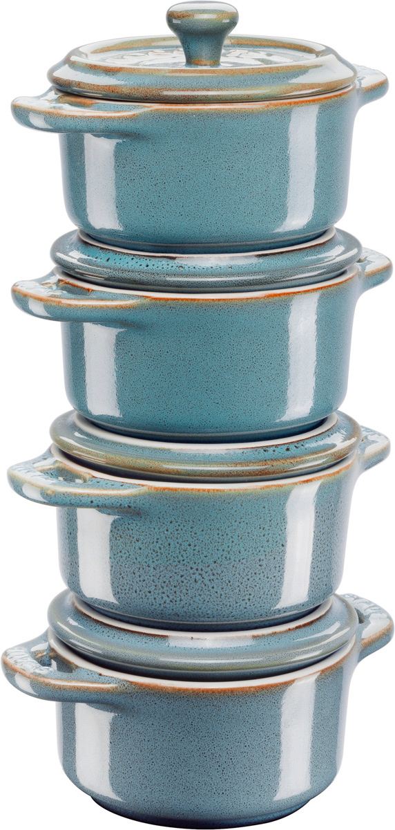 Cocotte Set, 4-tlg, rund, Keramik, Antik-Türkis, Serie: Ceramique. Marke: Staub