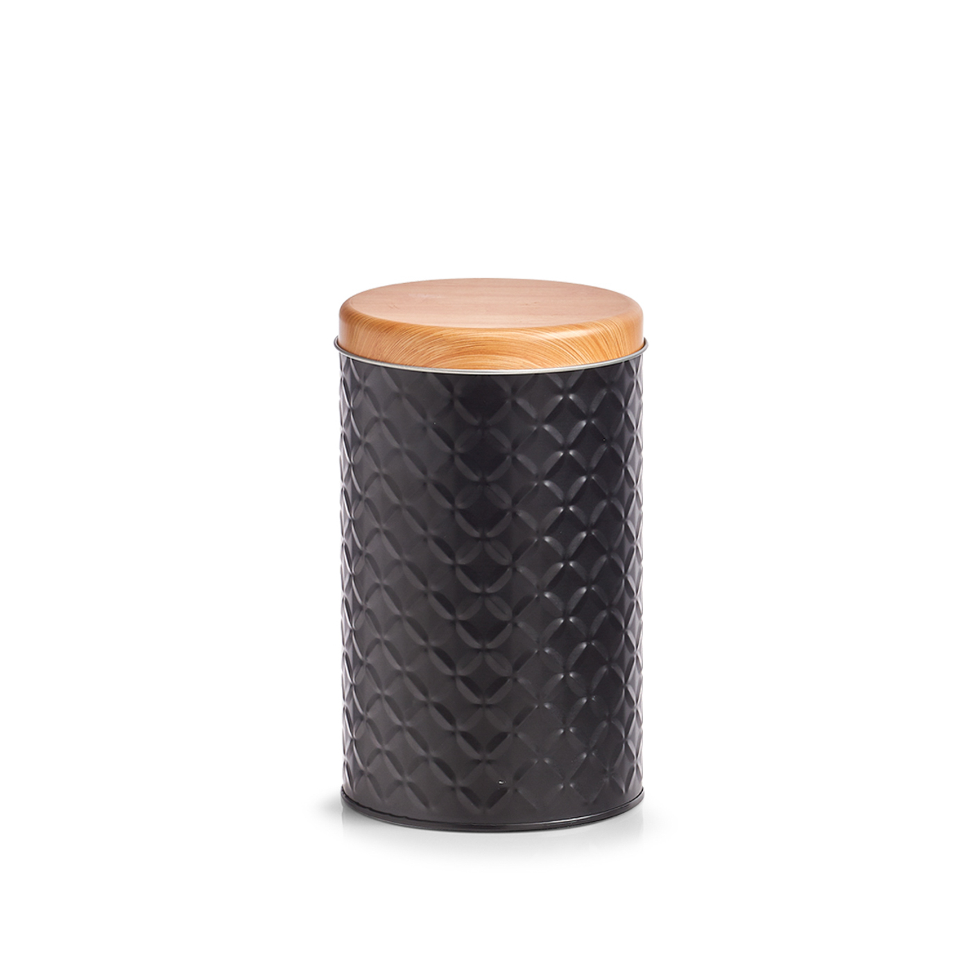 Dose, Metall, Ø10,7x18 cm. Farbe: schwarz. Fassungsvermögen: 1370 ml. Die aufwendige Oberflächenstruktur der Vorratsdose ist dem