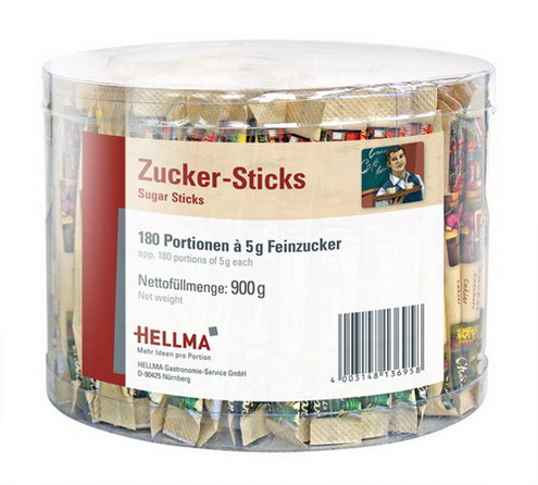 Zucker Portions-Packung PARIS von Hellma,, Inhalt: 180 Stück à 5 g je Runddose. Feinzucker in Motivpäckchen Serie Paris.