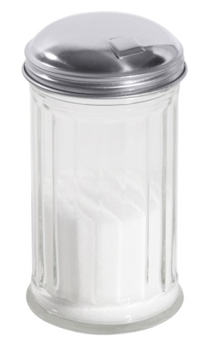 Streuer für Zucker mit Klappe aus klarem Glas, mit Schraubkappe aus Edelstahl 18/0 Volumen: 0,3 l, Durchmesser maximal: 7,5 cm,