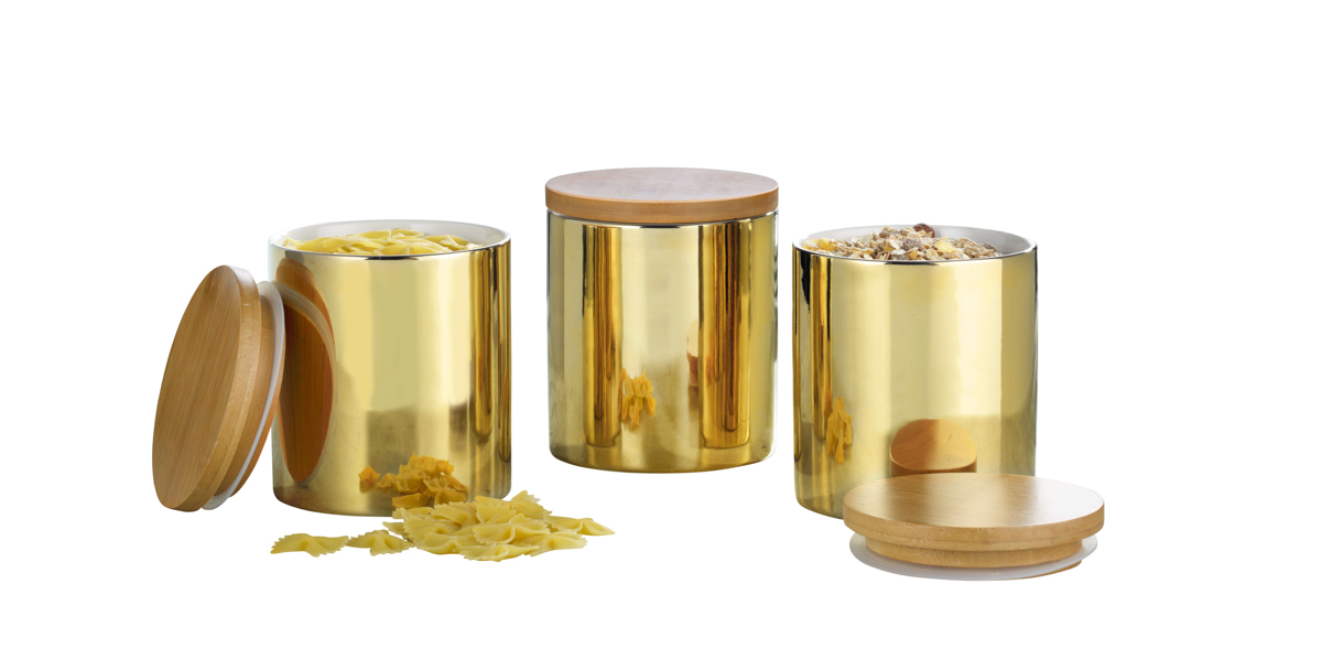 3-teiliges Vorratsdosen-Set GRENOBLE, Höhe 12,8 cm aus Porzellan, Farbe: Gold (innen weiß).
