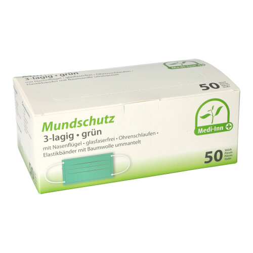 50 "Medi-Inn®" Mundschutz Type II 3-lagig 9 cm x 17,5 cm grün mit Nasenbügel von Medi-Inn®