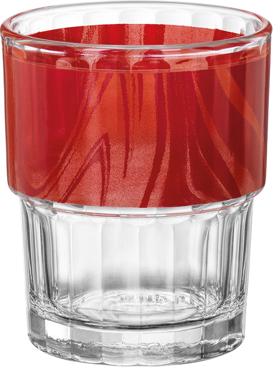 Stapelglas NATURA Lyon Optique mit rotem Muster. 0,2 Liter, aus gehärtetem Glas. Von Bormioli Rocco.