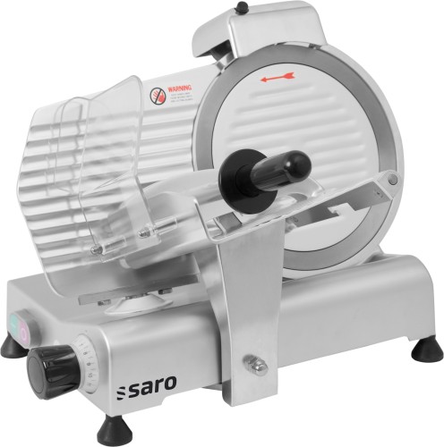 SARO Aufschnittmaschine Modell AS 250 - Material: (Gehäuse) Leichtmetall, (Messer) gehärteter, verchromter Stahl - Mit Riemenantrieb -