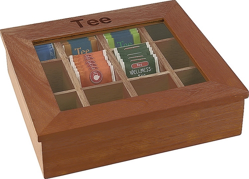 Teebox mit 12 Kammern 31 x 28 cm, H: 9 cm rot-braune Holzbox mit Sichtfenster aus Acryl 12 Kammern können mit kuvertierten