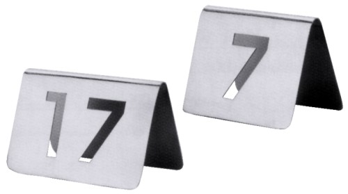 Einzelnes (bitte Nummer angeben) Tischnummernschild aus dem Nummernkreis von 1 bis 99 mit ausgestanzten Ziffern, aus Edelstahl