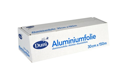 Duni Aluminiumfolie, Abrollkarton 0,3 x 150 m, 14my Silber, 6 Stk/Krt (6 x 1 Stk)