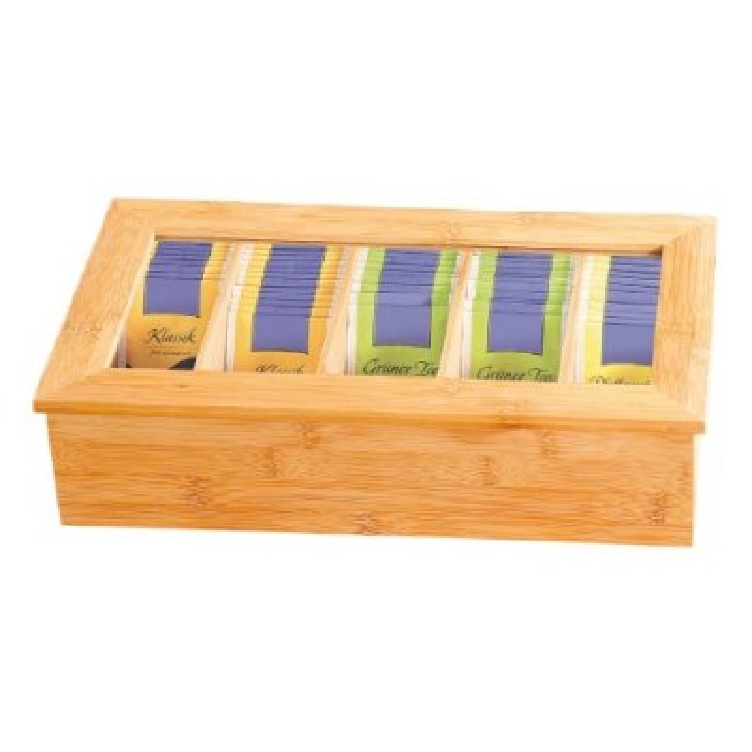 Teebox JASMIN, Bambus, mit 5 Fächern, mit Kunststoff-Sichtfenster, Maße: 360 mm x 200 x 90 mm,
