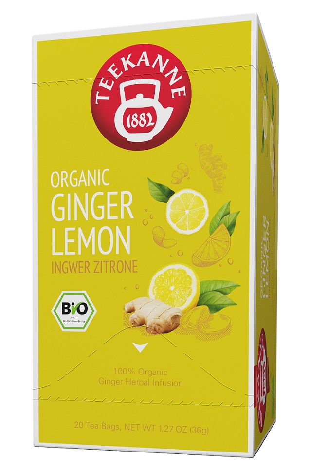 Teekanne Premium Bio Tee Ingwer Zitrone - Ginger Lemon, Inhalt: 20 Beutel à 1,75 Gramm, leicht scharfer Tee aus Ingwer mit Zitrus-Note
