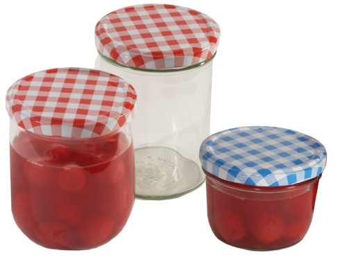 Einkochglas mit kunststoffversiegeltem Schraubdeckel aus Stahl, gemischt blau und rot kariert, zum Lagern von eingekochten Speisen
