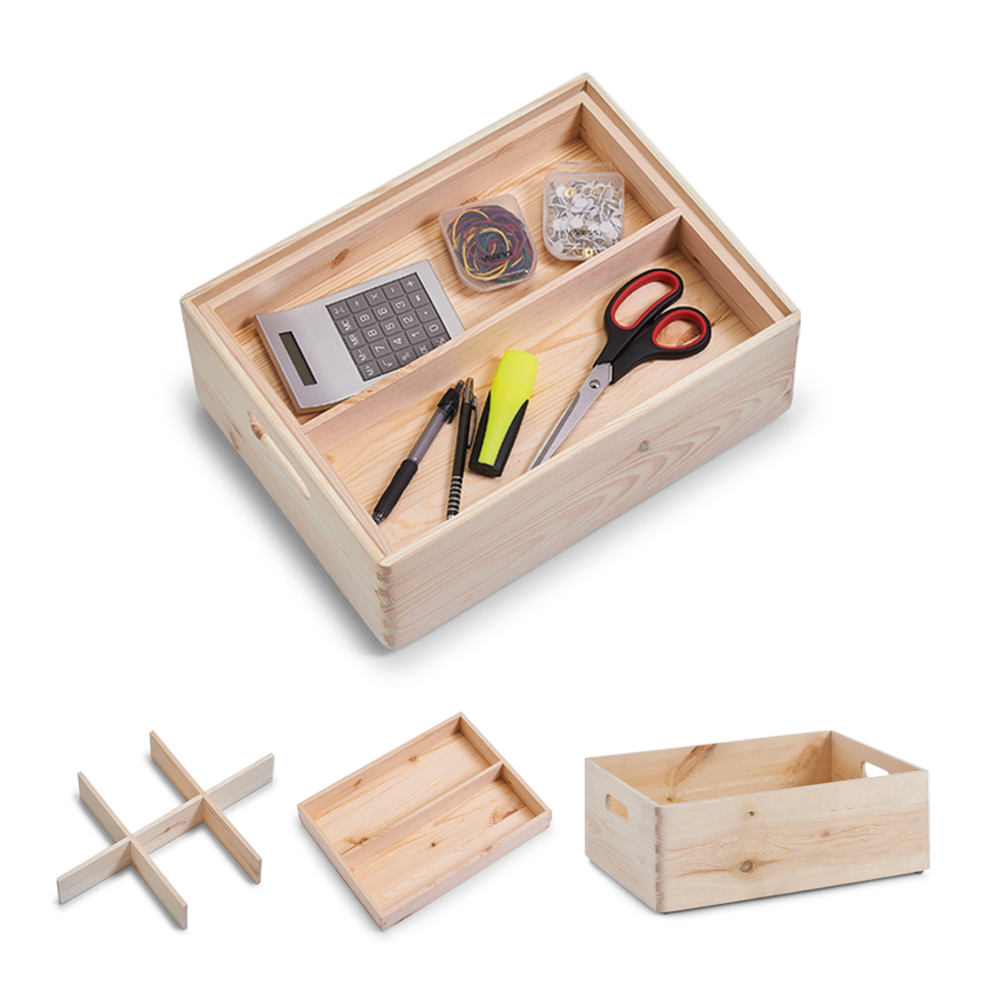 Allzweckkisten-Set, Nadelholz, Farbe: natur. Dieses praktische Kisten-Set mit Fächer-Einteilung und Tabletteinsatz ist ein
