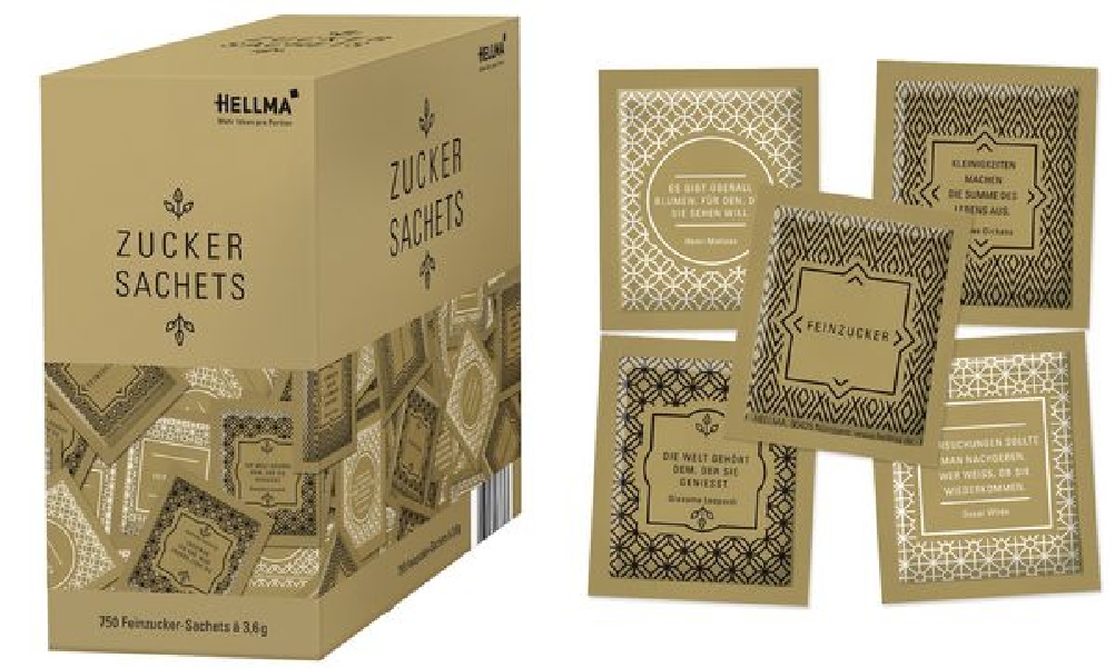 Zucker Portionspackung GOLDLINE, 750 Stück. In besonders edlem, glänzenden Design und mit klugen Zitaten bedruckt. Je Beutel 3,6 g.