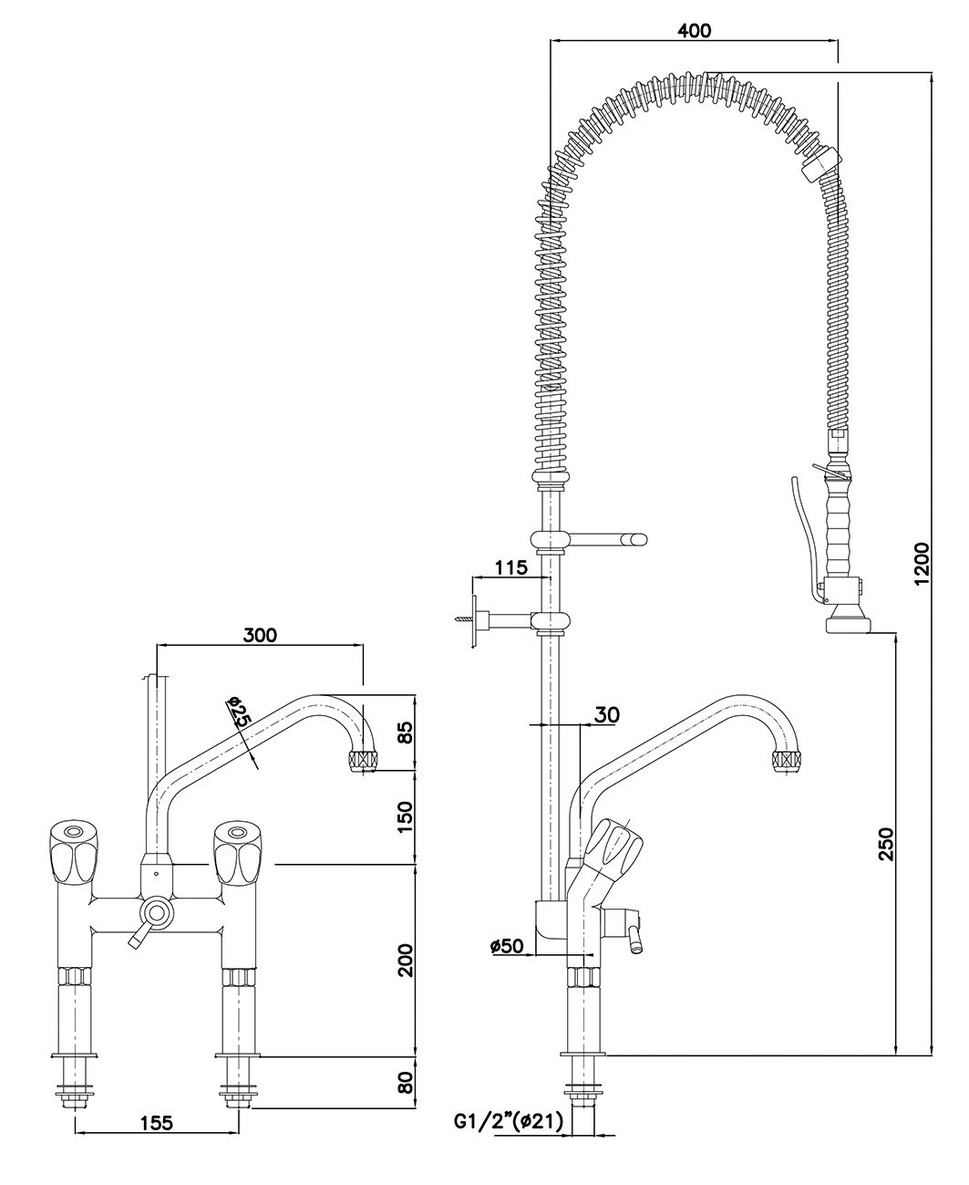 Bartscher Zweigriffmischer 40L-1802B | Durchfluss bei 3 bar: Auslaufmenge: 16 L / Min. ,Strahlregler: 40 L / Min.| 51,5 x 41,5 x 1220